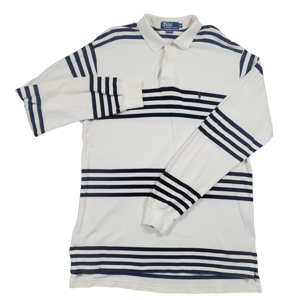 Polo Ralph Lauren Mens XL Long Sleeve Polo Shirt Black White Stripe 100% Cotton